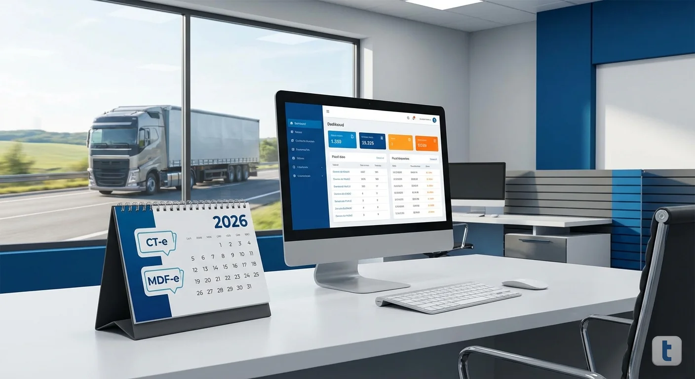 Calendário 2026 com documentos fiscais e caminhão de transporte