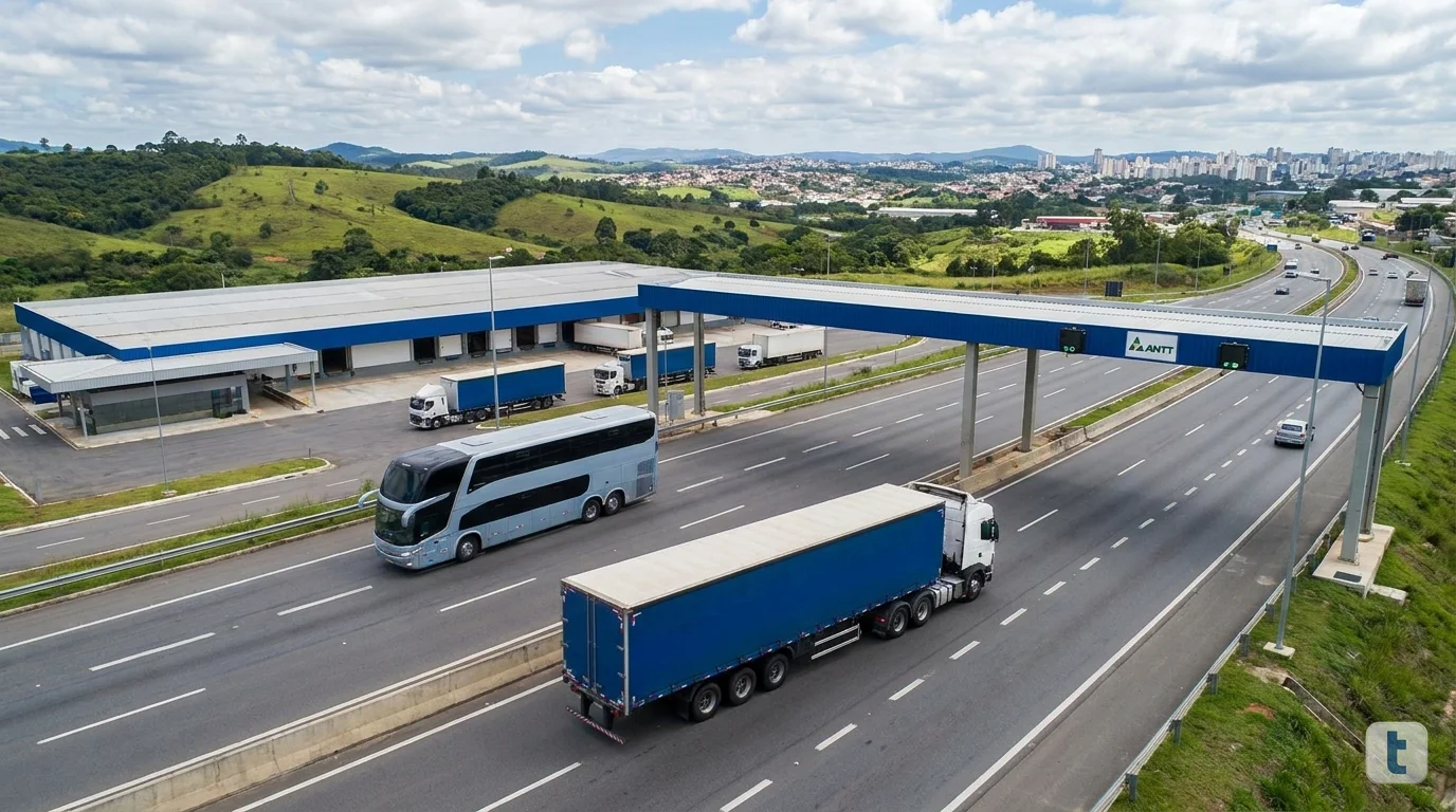 Ônibus rodoviário interestadual em terminal moderno, com documentos regulatórios e símbolo da ANTT ao fundo.
