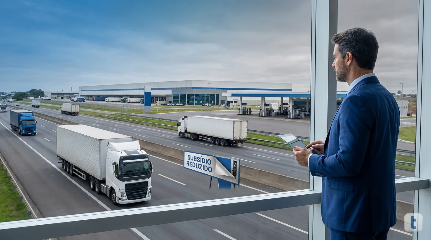 Caminhão abastecendo diesel em posto de combustível com painel de preços em alta