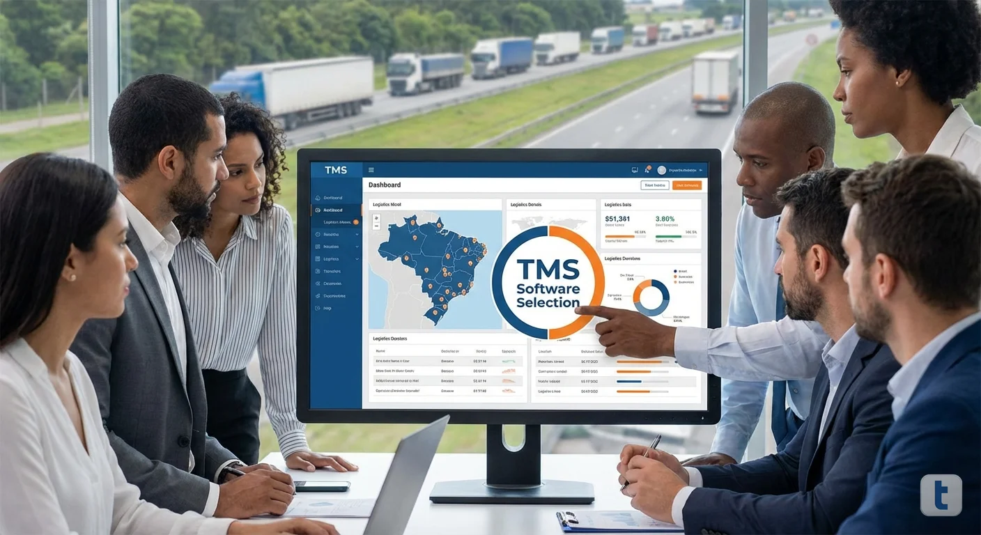 Gestor de transportadora analisando opções de sistema em computador moderno
