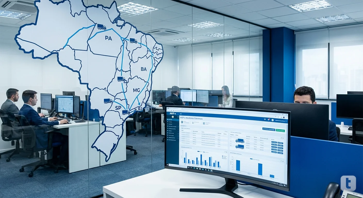 Mapa do Brasil com rotas de caminhão entre estados, sistema de emissão de MDF-e manifesto eletrônico