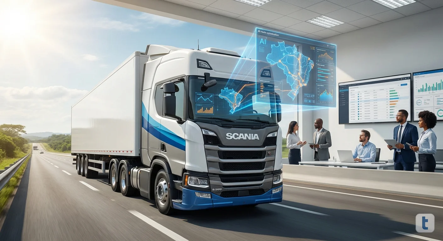 Dashboard de sistema TMS com mapa de rotas otimizadas por inteligência artificial, tecnologia de transporte moderna