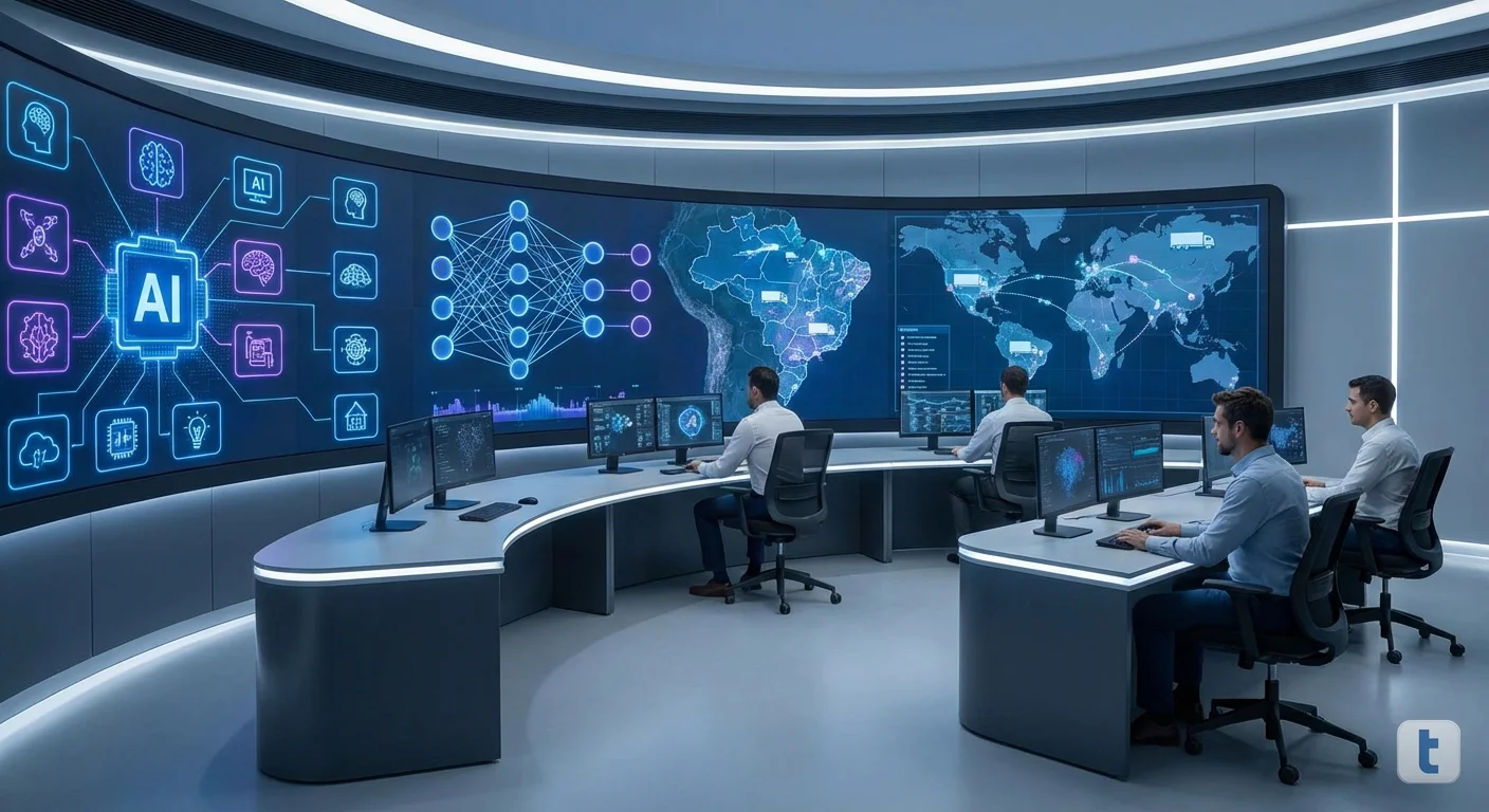 Dashboard futurista de controle logístico com inteligência artificial e mapas digitais