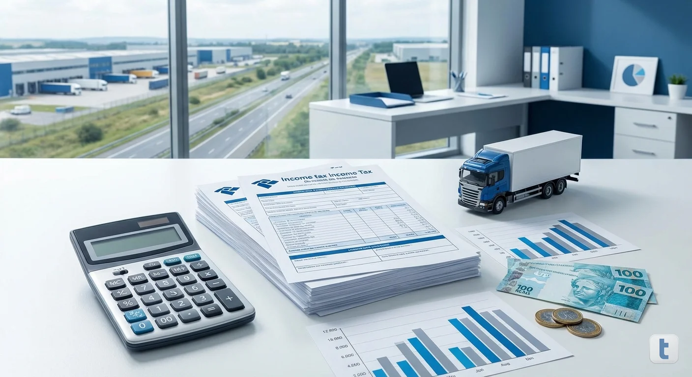 Calculadora e documentos de imposto de renda sobre mesa, gráficos financeiros e notas de real brasileiro, ambiente de contabilidade