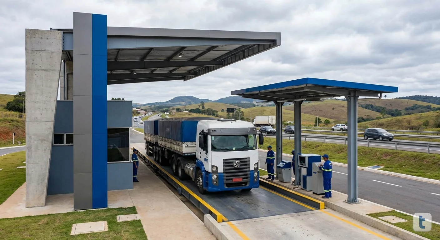 Balança rodoviária oficial pesando caminhão de carga em posto de fiscalização DNIT, controle de peso por eixo