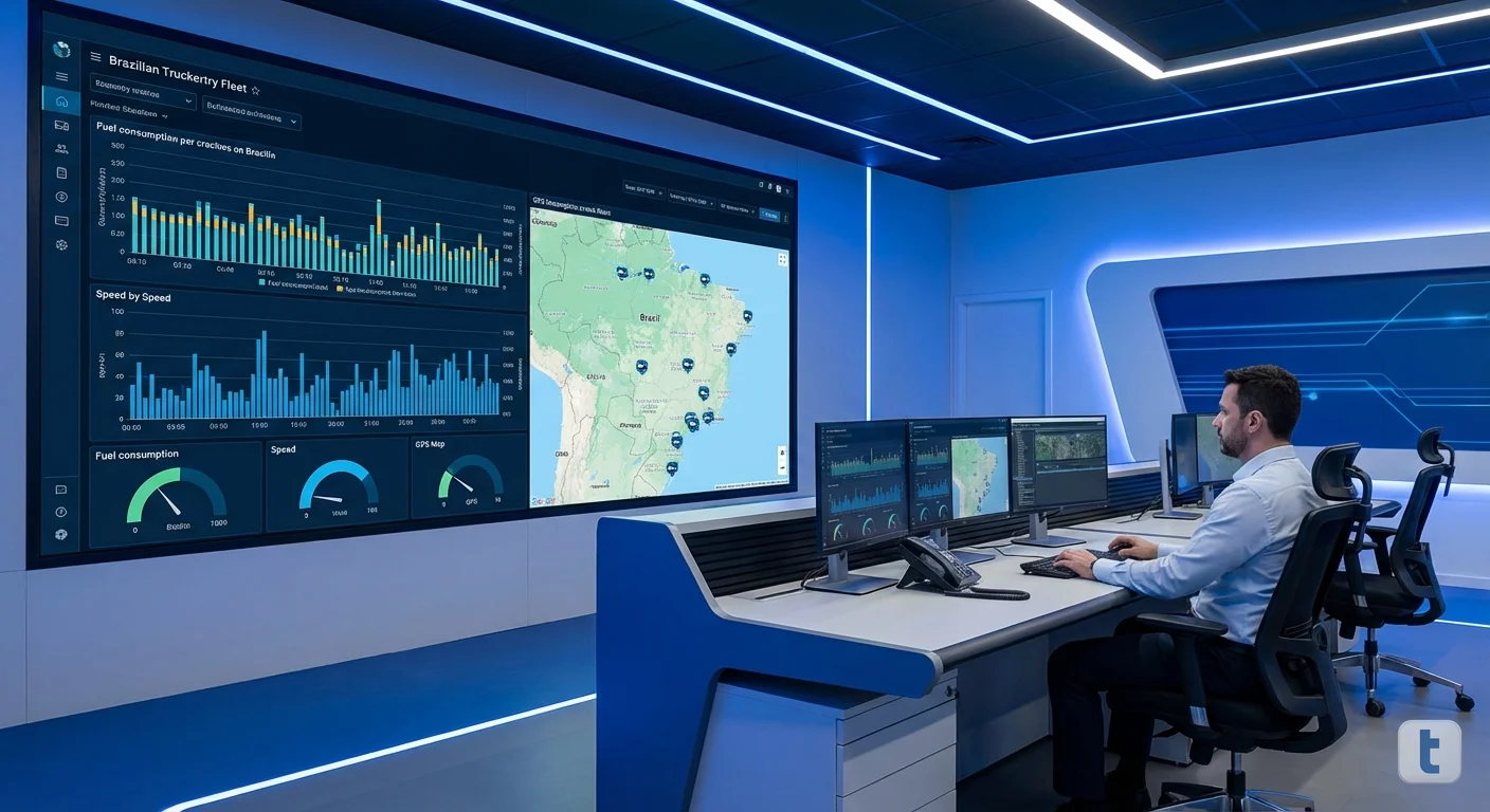 Dashboard de telemetria veicular em monitor widescreen mostrando gráficos de consumo de combustível, velocidade e localização GPS de frota de caminhões em central de monitoramento